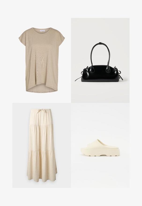 Top de punto beige de manga corta, corte holgado, con cuello redondo y dobladillo trasero ligeramente más largo.; Falda larga beige de capas con cinturilla elástica y cordón, que presenta un diseño de tela fluida y fruncida.; Sandalia beige sin correa con una superficie lisa similar al caucho, puntera redondeada, suela gruesa y fondo texturizado para un mejor agarre. Diseño minimalista.; Pequeño bolso negro brillante con dos asas largas y detalles de cordón lateral sobre un fondo claro liso.