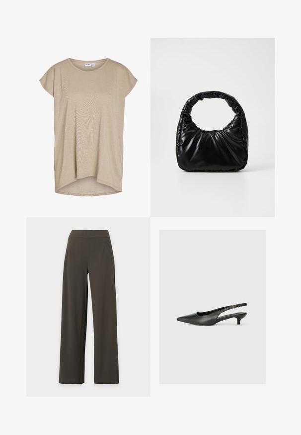 Beige, loszittend gebreid topje met korte mouwen, ronde hals en iets langere achterkant.; Donkergroene wijde broek met hoge taille en zijzakken op een lichtgrijze achtergrond.; Zwarte puntschoen met slingback van soepel leer. Kenmerkt zich door een dunne hak en een gespdetail op de verstelbare band.; Zwarte gevoerde handtas met een ronde handgreep, met een gladde, glanzende oppervlakte en een zachte, gewatteerde textuur. Geen zichtbare metalen onderdelen of accenten.