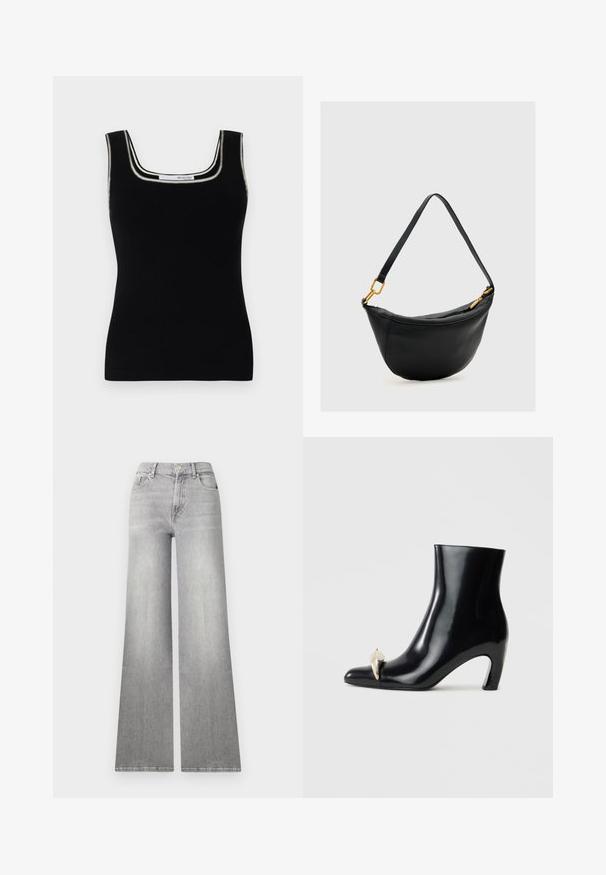 Schwarzes, geripptes Tanktop mit quadratischem Ausschnitt. Verfügt über einen kontrastierenden weißen Saum am Ausschnitt. Hergestellt aus einem dehnbaren Stoff.; Weite graue Denim-Jeans mit einem verwaschenen Finish, Vordertasche und Knopfverschluss. Sie verfügen über ein gerades Bein und einen klassischen Saum.; Schwarzer Knöchelschuh aus glänzendem Leder, mit einer spitzen Zehenform und einem dekorativen gold- und silberfarbenen Akzent an der Vorderseite. Blockabsatz-Design.; Schwarze Lederhandtasche in Halbmondform mit einem Trageriemen und goldfarbigem Reißverschluss sowie Hardware-Details auf hellem Hintergrund.