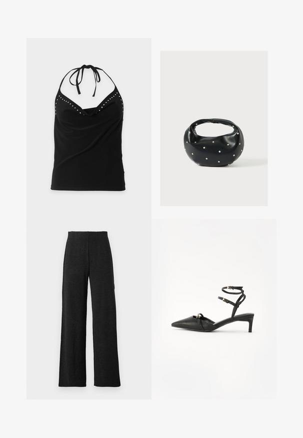 Μαύρο αμάνικο τοπ με halter neck, διακοσμημένο με ασημένιες τρουκ κατά μήκος της λαιμόκοψης και με σχεδιασμό draped στο μπροστινό μέρος.; Μαύρο παντελόνι με φαρδιά πόδια, ψηλή μέση και ίσιες ραφές, τοποθετημένο σε λευκό φόντο.; Μαύρα δερμάτινα πέδιλα με λεπτό τακούνι, μυτερή μύτη, λεπτές λουρίδες στον αστράγαλο, χρυσές λεπτομέρειες και κομψό σχέδιο. Λείος υφής και μινιμαλιστικός σχεδιασμός.; Μαύρη δερμάτινη τσάντα χειρός με στρογγυλεμένο σχήμα, διακοσμημένη με ασημένιες λεπτομέρειες με καρφιά και κοντή λαβή. Λείο υλικό και κλείσιμο με φερμουάρ.