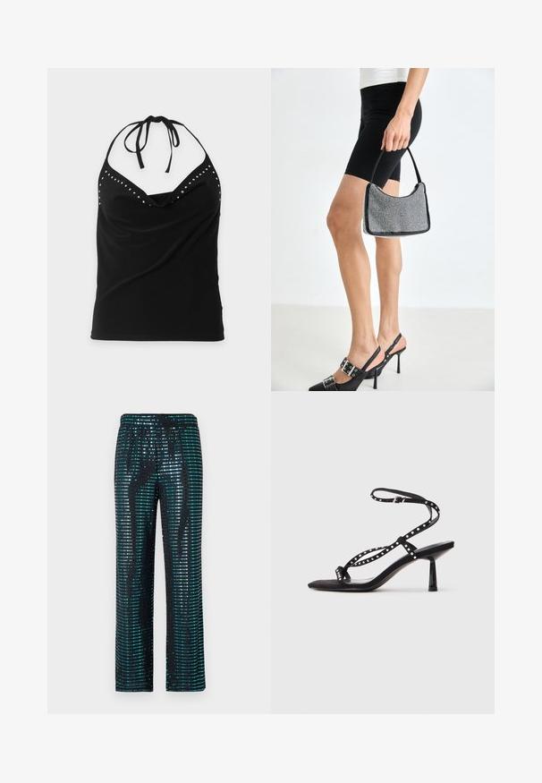 Top noir sans manches à col halter avec des clous argentés le long de l'encolure et un devant drapé.; Pantalons noirs ornés de motifs en sequins turquoise et argent, avec une coupe large et une taille élastique.; Sandales à talons hauts en suede noir avec un nez pointu, une sangle à la cheville et des détails décoratifs en clous sur les sangles.; Sac à main à perles noires avec une silhouette courbée, une poignée de transport et une texture brillante. Porté avec des chaussures à talons hauts noires et un short noir ajusté.