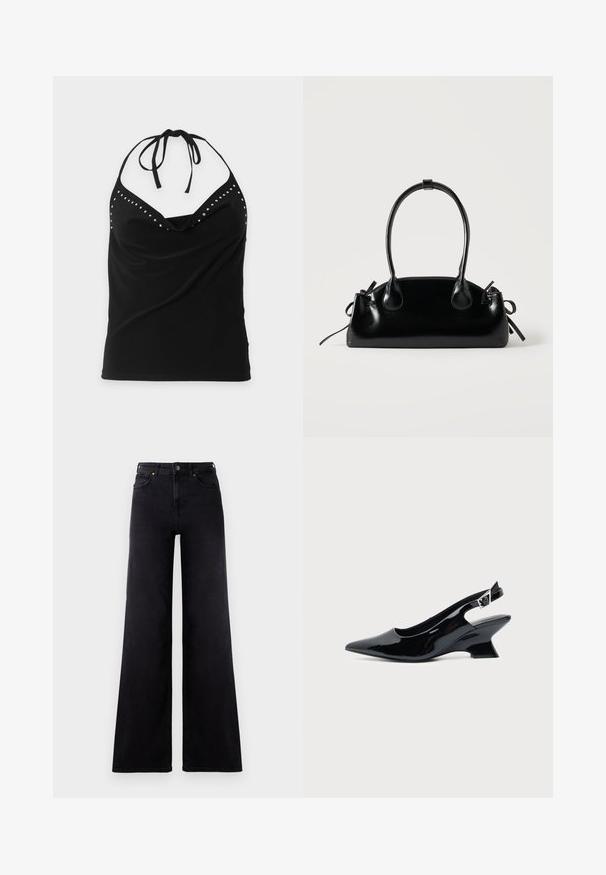 Sort halterneck ærmeløs top med sølvnitte detaljer langs halsudskæringen og et draperet forstykke.; Højtaljede sorte wide-leg jeans med frontlommer, bælteløkker og knappelukning.; Sort laklæder slingback sko med spids tå og lav vinklet blokhæl på ensartet lys baggrund.; Lille sort blank håndtaske med to lange håndtag og snøre-detaljer i siden på en ensfarvet lys baggrund.
