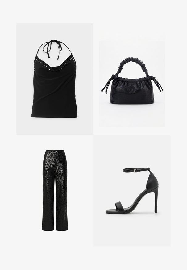 Top sin mangas negro con cuello halter, detalles de tachuelas plateadas a lo largo del escote y diseño delantero drapeado.; Pantalones de lentejuelas negras con un diseño de pierna recta, que presentan una cinturilla suave y una textura reflectante, creando un efecto brillante.; Sandalia de tacón alto negra con un diseño elegante, que cuenta con una correa en el tobillo, punta abierta y una textura de cuero suave.; Bolso negro con textura de cocodrilo, borde superior fruncido, asa recogida y cordones con borlas en cada lado sobre un fondo blanco.