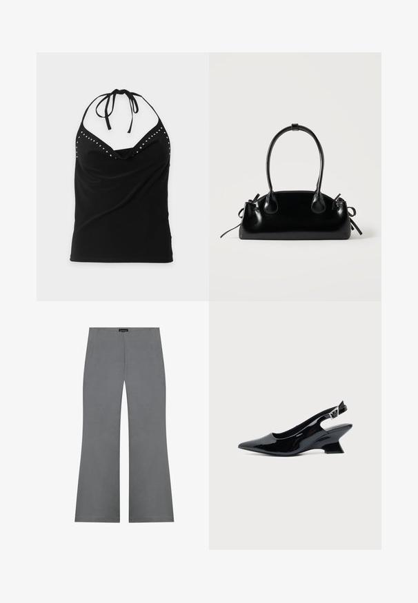Top noir sans manches à col halter avec des clous argentés le long de l'encolure et un devant drapé.; Pantalons gris évasés avec une texture lisse, dotés d'une taille haute et d'un design épuré. Aucune motif visible ni détails en métal.; Chaussure slingback en cuir verni noir avec bout pointu et petit talon bloc incliné sur fond clair uni.; Petit sac à main noir brillant avec deux longues anses et des détails à cordon sur les côtés sur un fond clair uni.
