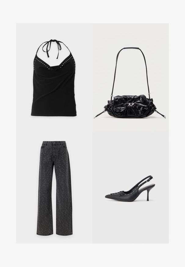 Top sin mangas negro con cuello halter, detalles de tachuelas plateadas a lo largo del escote y diseño delantero drapeado.; Noisy May Rhinestone - Vaqueros boyfriend - black denim; Sandal de tacón stiletto negro de cuero con punta afilada, correa lateral con hebilla, tachuelas a lo largo del borde y cordones decorativos en la parte delantera.; Bolso de mano de cuero negro con diseño fruncido y detalle de lazo en la parte frontal. Cuenta con un asa corta y detalles metálicos en color plata.
