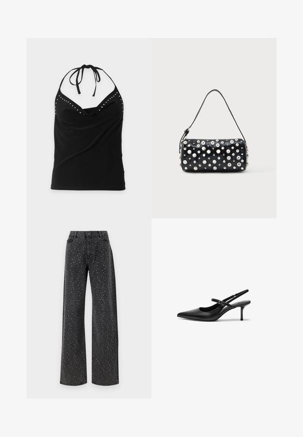 Sort halterneck ærmeløs top med sølvnitte detaljer langs halsudskæringen og et draperet forstykke.; Noisy May Rhinestone - Jeans Relaxed Fit - black denim; Sorte læder slingback hæle med spids tå, slank justerbar rem og en stiletto hæl på cirka 5 cm, glat tekstur.; Sort læderhåndtaske med rund form, dekoreret med sølvnitter. Har en aftagelig rem og lynlås. Glat tekstur.