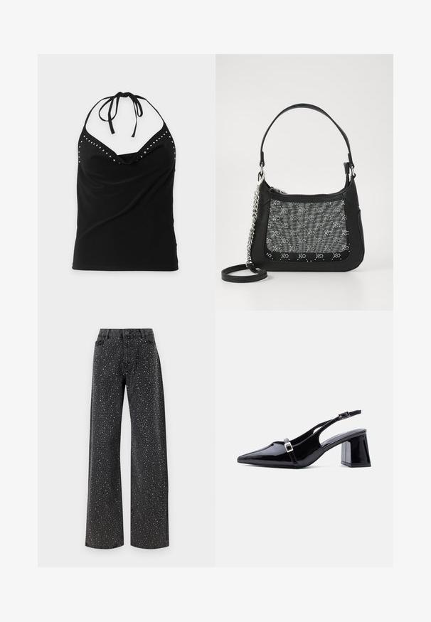 Sort halterneck ærmeløs top med sølvnitte detaljer langs halsudskæringen og et draperet forstykke.; Noisy May Rhinestone - Jeans Relaxed Fit - black denim; Sort laklæder slingback-hæl med spids tå, lav blokhæl og to små sølvspænder på stropperne.; Sort håndtaske lavet af læder med et tekstureret gråt mønster og perlede accenter, der har en kæde og justerbar rem.
