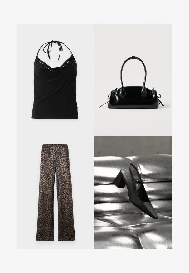 Top noir sans manches à col halter avec des clous argentés le long de l'encolure et un devant drapé.; Pantalons large à imprimé léopard brun et noir, texture côtelée et taille haute sur un fond blanc uni.; Escarpin noir à bride arrière avec bout pointu, présentant une surface texturée et un talon bloc épais. Posé sur un fond métallique brillant.; Petit sac à main noir brillant avec deux longues anses et des détails à cordon sur les côtés sur un fond clair uni.