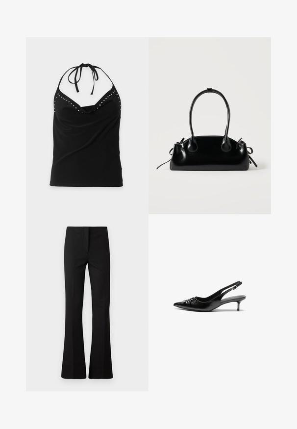 Μαύρο αμάνικο τοπ με halter neck, διακοσμημένο με ασημένιες τρουκ κατά μήκος της λαιμόκοψης και με σχεδιασμό draped στο μπροστινό μέρος.; Μαύρο φαρδύ παντελόνι από απαλό ύφασμα. Διαθέτει προσαρμοσμένη εφαρμογή, εμπρόσθιο πτυχών, και κρυφό φερμουάρ για κλείσιμο.; Μαύρα πέδιλα από δέρμα με λουράκι στη φτέρνα, μυτερή μύτη, χαμηλό τακούνι στιλέτο και ρυτιδωμένη λεπτομέρεια στην επάνω πλευρά. Λείο υλικό και μινιμαλιστικός σχεδιασμός.; Μικρή μαύρη γυαλιστερή τσάντα με δύο μακριές λαβές και λεπτομέρειες με ρυθμιζόμενο κορδόνι στο πλάι σε απλό ανοιχτό φόντο.
