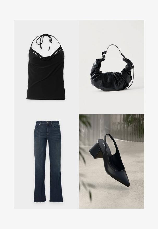 Schwarzes ärmelloses Neckholder-Top mit silbernen Nieten entlang des Halsausschnitts und einem drapierten Vorderelement.; Dunkelblaue Denim-Jeans mit ausgestelltem Bein, ausgestattet mit fünf Taschen und kontrastierenden Nähten. Glatte Textur und standardmäßiger Bund.; Schwarze Leder-Slingback-Pumps mit spitzem Zehenbereich und Blockabsatz. Glatte Textur, minimalistisches Design und verstellbarer Knöchelriemen.; Schwarze Kunstleder-Handtasche mit einem weichen, gerafften Design und einem flexiblen Henkel, der eine glatte Textur und einen subtilen Glanz zeigt.