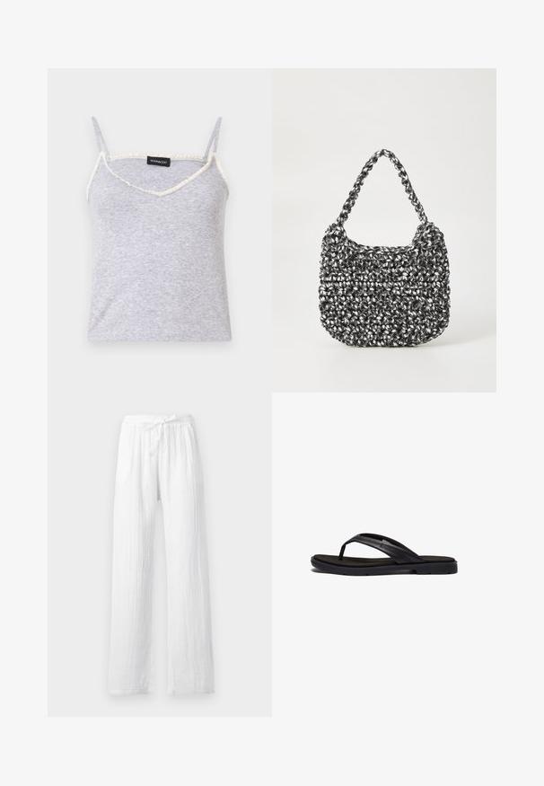 Top de tirantes gris acanalado con tirantes de espagueti ajustables. Presenta un escote en forma de V y un borde deshilachado en crema a lo largo de los bordes.; Pantalones blancos ligeros de lino con cintura ajustable mediante cordón y corte de pierna recta, mostrados sobre un fondo liso.; Chancla negra con suela de goma de textura suave y correas sintéticas elegantes. El diseño incluye un hardware minimal y un perfil bajo.; Bolso de mano tejido en blanco y negro con forma redondeada, superficie texturizada y asa trenzada. Adecuado para uso casual.