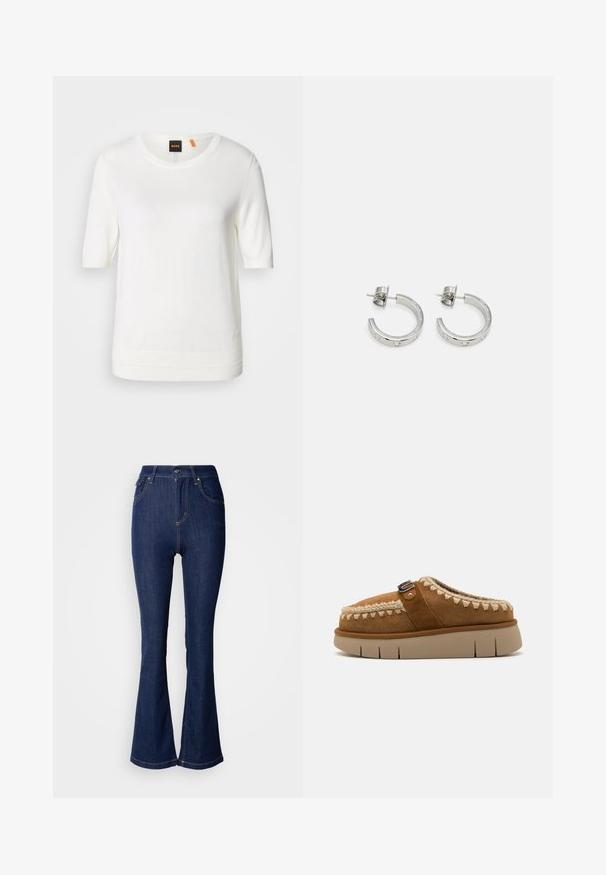 Haut en tricot blanc à manches courtes avec un col rond, un ourlet côtelé et une texture douce. Étiquette de logo avec une touche d'orange au col.; Jean flare bleu foncé en denim avec une taille haute, présentant des poches avant, des coutures contrastées et une fermeture à bouton.; Chaussure en suede marron à enfiler avec des coutures décoratives, une semelle chunky beige et une sangle avec une boucles en métal. Présente un dessus texturé.; kate spade new york HUGGIES - Boucles d'oreilles - clear/silver-coloured