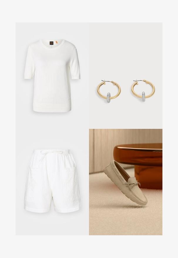 Top de punto blanco de manga corta con escote redondo, dobladillo acanalado y textura suave. Etiqueta con logo en la parte del cuello en color naranja.; Pantalones cortos de algodón blancos con una cintura elástica, cordón de ajuste y dos bolsillos delanteros que presentan intrincados diseños bordados.; Mocasín de ante beige con detalles de lazo de cordón, apoyado sobre una alfombra cremosa junto a la base de una mesa redonda y marrón brillante.; Par de pendientes de aro en tono dorado con pequeño detalle de aro en tono plateado en cada uno, expuestos sobre un fondo gris claro.