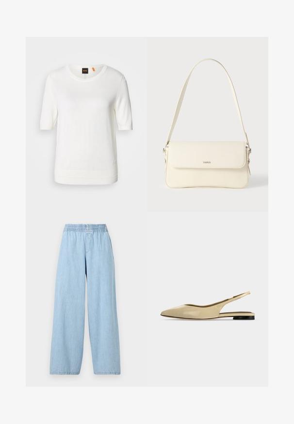 White short-sleeve knit top with a round neckline, ribbed hem, and soft texture. Logo tag with orange accent at the collar.; Light blue, wide-leg pants made of denim with an elastic waistband. Smooth texture with no visible patterns or embellishments.; Beige pointed-toe slingback flat shoe with a low black heel and a smooth leather finish, shown from the side on a plain background.; Cream-colored leather shoulder bag with a flap closure, silver hardware, a single adjustable strap, and subtle logo detailing.