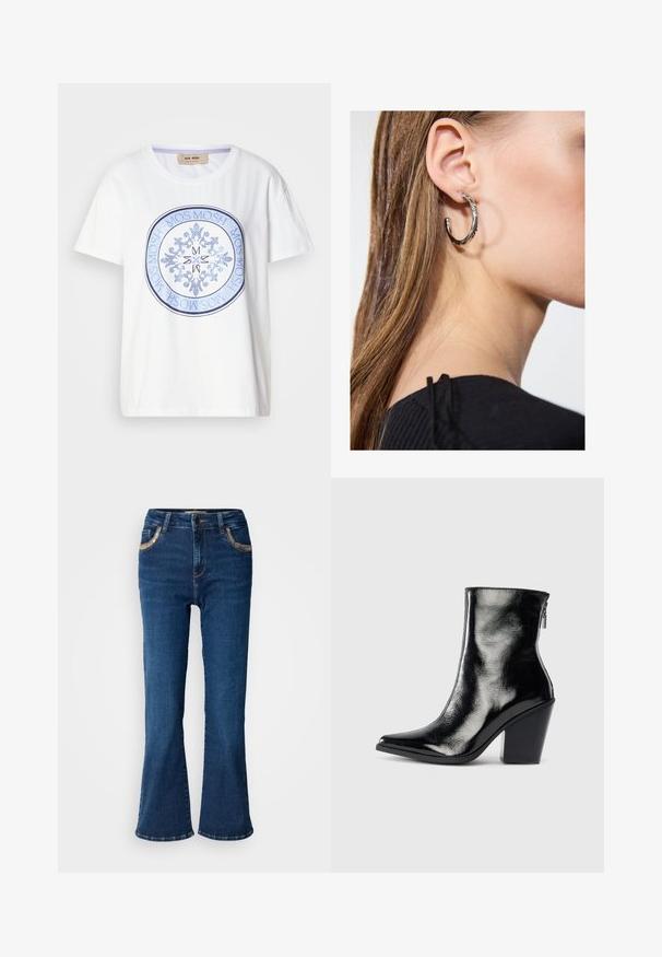 Weißes Baumwoll-T-Shirt mit kurzen Ärmeln und rundem Ausschnitt. Verfügt über ein blaues, kreisförmiges Grafikdesign mit komplexen Mustern und dem Text "MOS MOSH".; Dunkelblaue ausgestellte Jeans mit einer glatten Denim-Oberfläche, kontrastierender goldener Naht und Akzenten an den Fronttaschen. Klassisches Fünf-Taschen-Design.; Schwarze Leder-Ankle Boots mit glänzendem Finish, spitzer Zehenform und Blockabsatz. Verfügt über einen seitlichen Reißverschluss für ein einfaches Anziehen.; Silberne Creolen mit polierter Oberfläche, die kleine goldene Akzentdetails und eine runde Form aufweisen, am Ohrläppchen getragen.