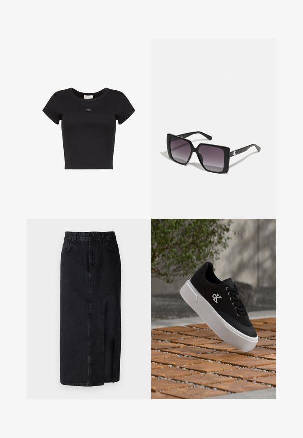 Čierne krátke prúžkované tričko s okrúhlym výstrihom a malou nášivkou s logom Calvin Klein uprostred hrudníka.; Čierna denim midi sukňa s predným rozparkom. Má štandardný pás, pútka na opasok a predné vrecká. Hladká textúra a rovný strih.; Čierna teniska s bielym logom "CK" na boku, hrubou bielou podrážkou a čiernymi tkaničkami, umiestnená nad dreveným dlaždicovým a kamienkovým povrchom vonku.; Čierne slnečné okuliare v štvorcovom tvare so sivými gradientovými šošovkami. Lesklé rámy s čistými líniami. Strieborný logotyp ako akcent na nožičkách.
