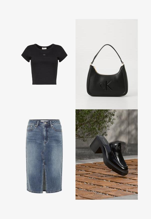 Sort cropped kortærmet ribstrikket T-shirt med rund halsudskæring og lille Calvin Klein-logo patch centreret på brystet.; Blå denim nederdel i knælængde med central slids foran, fem-lomme design og knaplukning i taljen.; Sort læder Calvin Klein slip-on mule med blokhæl, der hviler på trætøj udendørs nær en grøn plante og en grå væg.; Sort læder håndtaske med en buet form, der har en guldfarvet lynlås og et subtilt præget "cK" logo. Glat tekstur og et enkelt håndtag.