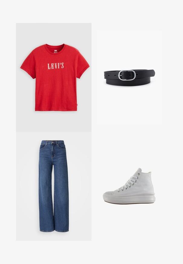Punane lühikeste varrukatega T-särk, mis on valmistatud puuvillast ja millel on rinnal valge "LEVI'S" logo. Klassikaline ümmargune kaeluse disain, pehme tekstuur.; Kõrge talje ja laiad sääred tumepruunist denimist teksad. Omavad viit taskut, vöösilma ja pleekinud tekstuuri koos kontrastsete õmblustega.; Valged kõrged teksakingad valgete paelte, metallist aukudega, paksu kummist tallaga ja tekstureeritud varbaküljega, suunatud vasakule valgel taustal.; Must musträbel mustra nahkrihm, millel on siledat tekstuuri, ovaalne hõbedane metallist pandla ja mitmed reguleerimisaugu rihma ääres. Lame, minimaalne disain.