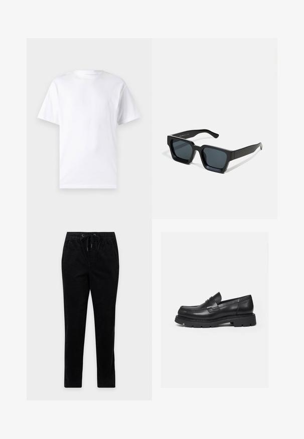 T-shirt blanc à manches courtes en coton avec un col rond, présentant une texture lisse et un design simple, sans motifs ni accents.; Pantalon en velours côtelé noir à jambe droite, taille élastique, cordon de serrage et poches latérales, présenté sur un fond uni.; Mocassin en cuir noir avec semelle épaisse crantée et détail de bride penny, présenté en profil droit sur fond blanc.; Lunettes de soleil rectangulaires noires avec des verres foncés. Monture en plastique épaisse et lisse avec une finition légèrement brillante et des branches droites.