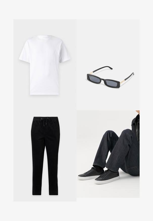 T-shirt blanc à manches courtes en coton avec un col rond, présentant une texture lisse et un design simple, sans motifs ni accents.; Pantalon en velours côtelé noir à jambe droite, taille élastique, cordon de serrage et poches latérales, présenté sur un fond uni.; Personne assise avec les jambes pliées, portant un jean bleu foncé et des baskets basses noires avec des semelles blanches sur fond blanc.; Lunettes de soleil noires rectangulaires avec des verres foncés. Les branches fines et plates présentent un accent doré. Monture en plastique lisse avec une finition mate.