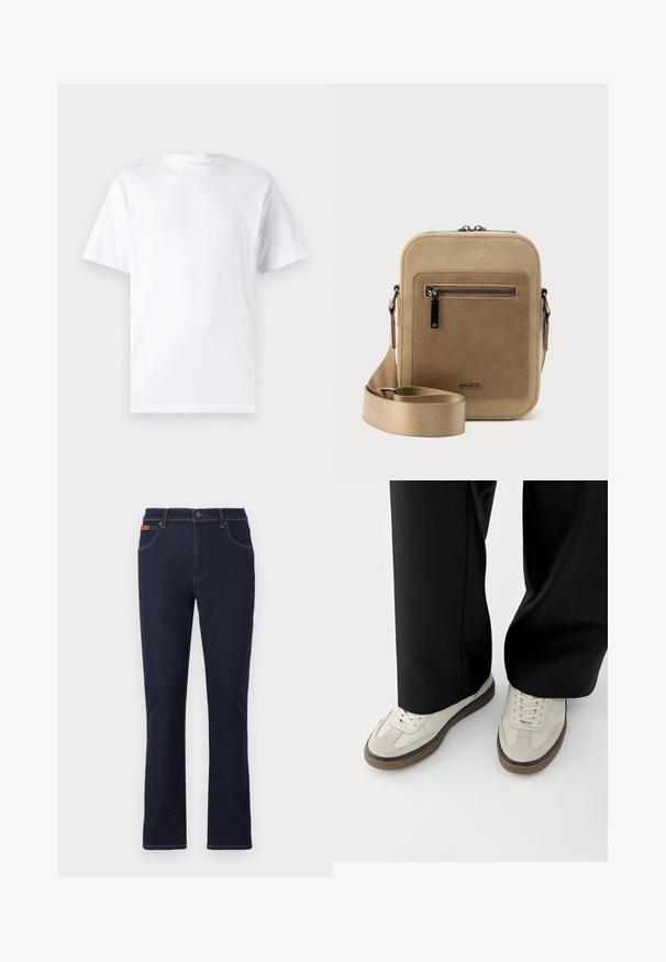 Witte T-shirt met korte mouwen, gemaakt van katoen, met een ronde hals. Het heeft een gladde textuur en een eenvoudig ontwerp zonder patronen of accenten.; Donkerblauwe jeans met rechte pijpen, een voorste knoop en rits, voor- en achterzakken en bruine stikseldetails.; Voeten met beige sneakers met bruine zolen en zwarte wijde broekspijpen op een witte achtergrond.; Kleine beige crossbodytas met een voorvak met ritssluiting, metalen ALDO-logo, verstelbare brede band en afgeronde rechthoekige vorm op een witte achtergrond.