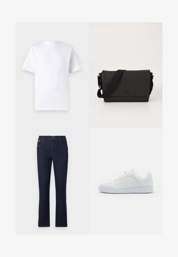 Weißes kurzärmeliges T-Shirt aus Baumwolle mit Rundhalsausschnitt, das eine glatte Textur und ein einfaches Design ohne Muster oder Akzente aufweist.; Dunkelblaue Jeans mit geradem Bein, vorderem Knopf und Reißverschluss, Taschen vorne und hinten sowie braunen Nähten.; Weiße Sneaker aus glattem Synthetikmaterial, ausgestattet mit flachen Schnürsenkeln, perforierter Zehenpartie und einer gummierten Sohle mit einem strukturierten Grip-Muster.; Lacoste MESSENGER BAG MEN CLASSIC - Umhängetasche - noir