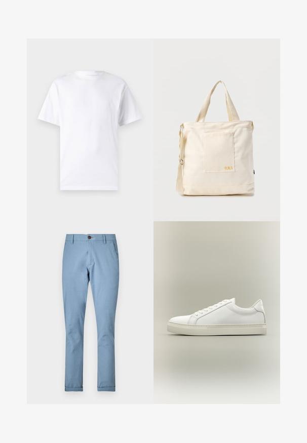 T-shirt blanc à manches courtes en coton avec un col rond, présentant une texture lisse et un design simple, sans motifs ni accents.; Pantalon bleu clair en tissu tissé, avec une fermeture à bouton et des poches standard, doté d'une coupe fuselée et de bas de pantalon revers.; Baskets blanches basses à lacets sur l’avant et semelle épaisse, vues de côté sur un fond neutre.; Sac fourre-tout en toile crème avec poche avant, deux poignées, bandoulière réglable et petit texte jaune "O.N.S" en bas à droite de la poche.