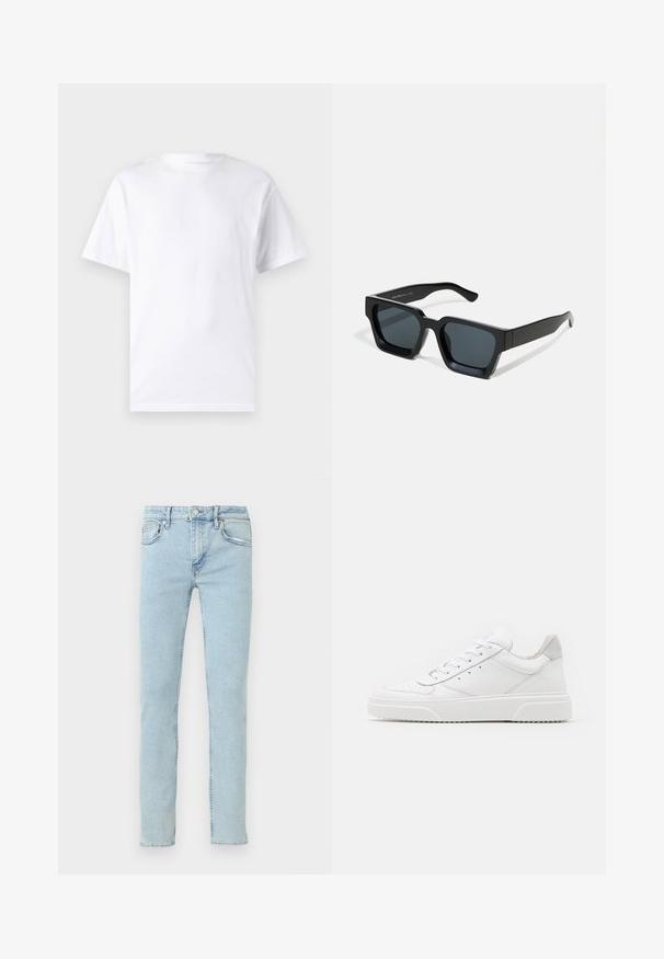Hvid kortærmet t-shirt lavet af bomuld med rund hals, der har en glat tekstur og et simpelt design uden mønstre eller accenter.; Lyseblå denimjeans med lige ben, der har fem lommer, diskret falmning og klassiske syningsdetaljer.; Hvide lædersneakers med en glat finish, rund tå, flade snørebånd og en struktureret sål. Grå ruskindsdetalje ved hælen.; Sorte rektangulære solbriller med mørke linser. Tyk, glat plastikramme med let blank finish og lige stænger.