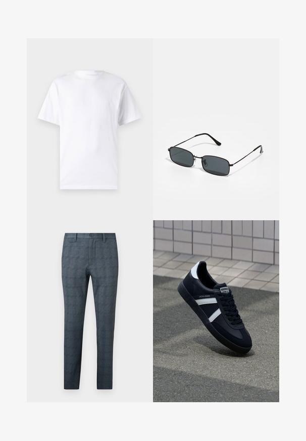 Camiseta blanca de manga corta hecha de algodón con cuello redondo, que presenta una textura suave y un diseño simple sin patrones ni acentos.; Pantalones de vestir para hombre de corte slim en azul grisáceo con un sutil patrón de cuadros, botón frontal, trabillas para cinturón y diseño frontal plano.; Zapatilla de cuero negra con rayas blancas, suela de goma texturizada y parte frontal con cordones. Cuenta con una etiqueta de marca en la lengüeta.; Gafas de sol rectangulares negras con marco delgado de metal y lentes oscuros apoyadas sobre una superficie blanca.