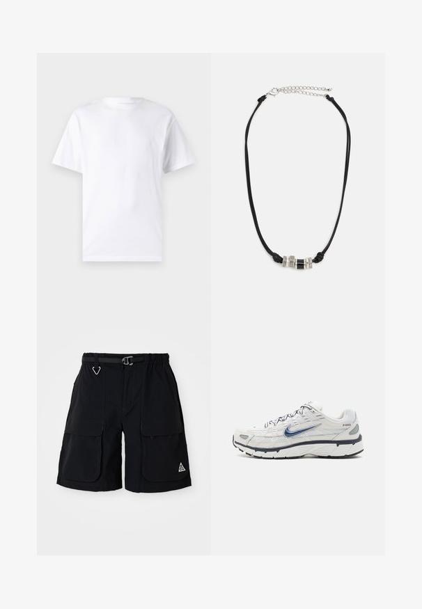 Camiseta blanca de manga corta hecha de algodón con cuello redondo, que presenta una textura suave y un diseño simple sin patrones ni acentos.; Bermudas de cargo negras con cinturilla elástica, cinturón integrado, grandes bolsillos laterales y logo ACG en triángulo en la pierna derecha.; Nike Sportswear P 6000 UNISEX - Zapatillas - phantom/obsidian/summit white/white/black/metallic silver; Collar de cordón negro que cuenta con tres cuentas metálicas decorativas, incluyendo dos anillos texturizados de plata y una cuenta cilíndrica negra, con una cadena ajustable.