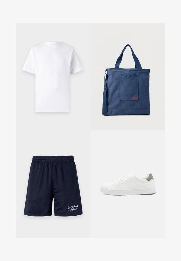 T-shirt blanc à manches courtes en coton avec un col rond, présentant une texture lisse et un design simple, sans motifs ni accents.; Shorts de sport en mesh bleu marine avec une taille élastique. Présente un texte brodé blanc "Articles de sport et équipements" en bas à droite.; Basket blanche en cuir lisse, à bout arrondi, design minimaliste, accent de talon gris et semelle en caoutchouc texturé.; Sac fourre-tout en toile bleue avec poche frontale et broderie rouge "O.N.S", doté de doubles poignées et d'une bandoulière réglable.