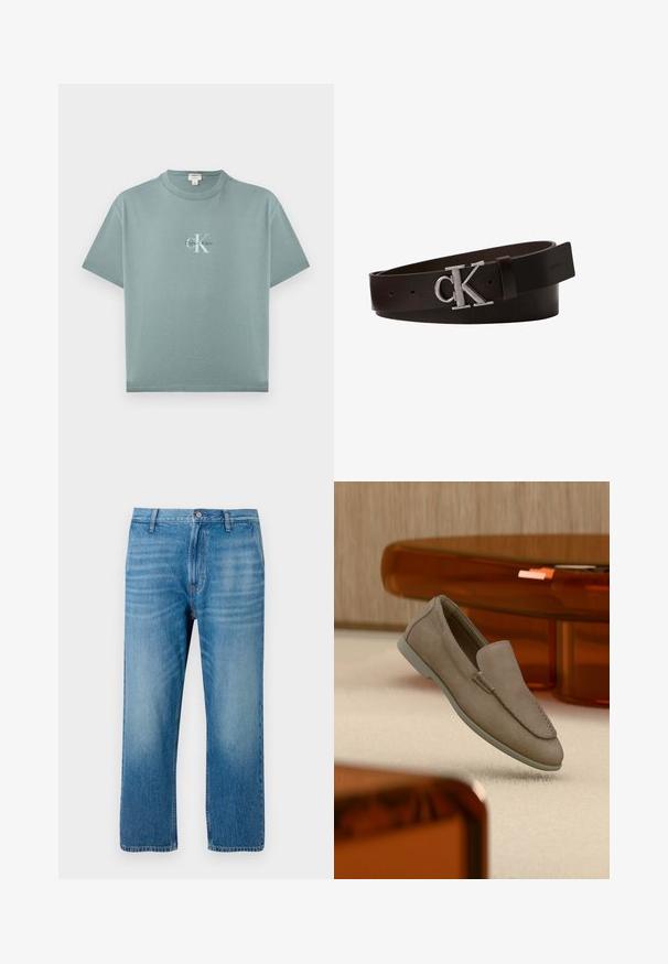 Hellblaugrünes T-Shirt mit kurzen Ärmeln und Rundhalsausschnitt, vorne mittig mit dem Calvin Klein-Logo in weißer und schwarzer Schrift.; Hellblaue Denim-Jeans mit geradem Schnitt, fünf Taschen, Knopfverschluss und dezentem Ausbleichen auf der Vorderseite. Keine sichtbaren Muster.; Beiger Wildleder-Slipper mit sichtbarer Naht und heller Sohle, auf einem cremefarbenen Teppich platziert, mit orange-transparenten Möbeln im Hintergrund.; Dunkelbrauner Ledergürtel mit silberner "cK" Schnalle und sichtbarem eingeprägtem Markennamen nahe dem Ende, auf einem weißen Hintergrund aufgerollt.