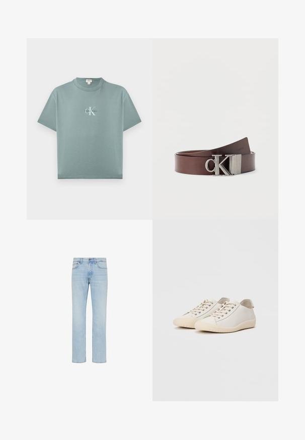 Hellblaugrünes T-Shirt mit kurzen Ärmeln und Rundhalsausschnitt, vorne mittig mit dem Calvin Klein-Logo in weißer und schwarzer Schrift.; Hellblaue Straight-Leg-Jeans aus Denim mit vorderem Knopf, Reißverschluss und Fünf-Taschen-Design, gezeigt auf weißem Hintergrund.; Weiße Sneaker aus glattem Leder mit tonalem Nähten, Schnürverschluss, runder Zehenpartie und einer strukturierten Gummisohle.; Brauner Ledergürtel, zusammengewickelt mit einem metallischen "CK"-Logo-Schnallenverschluss, minimalistisches Design auf schlichtem weißem Hintergrund.