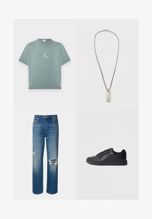 Hellblaugrünes T-Shirt mit kurzen Ärmeln und Rundhalsausschnitt, vorne mittig mit dem Calvin Klein-Logo in weißer und schwarzer Schrift.; Helle blaue Denim-Jeans mit hoher Taille, geradem Bein und ausgefransten Rissen an beiden Knien. Mit klassischem Fünf-Taschen-Design und Knopfverschluss.; Schwarze Ledersneaker mit Schnürdesign, Gummisohle und geprägtem Logo an der Seite, mit einer glatten Textur und minimalistischem Stil.; Silberne Kettenhalskette mit einem rechteckigen Anhänger mit strukturierten Linien. Anhänger ist mit einer Schlaufe befestigt; die Kette hat ein glattes, flexibles Design.