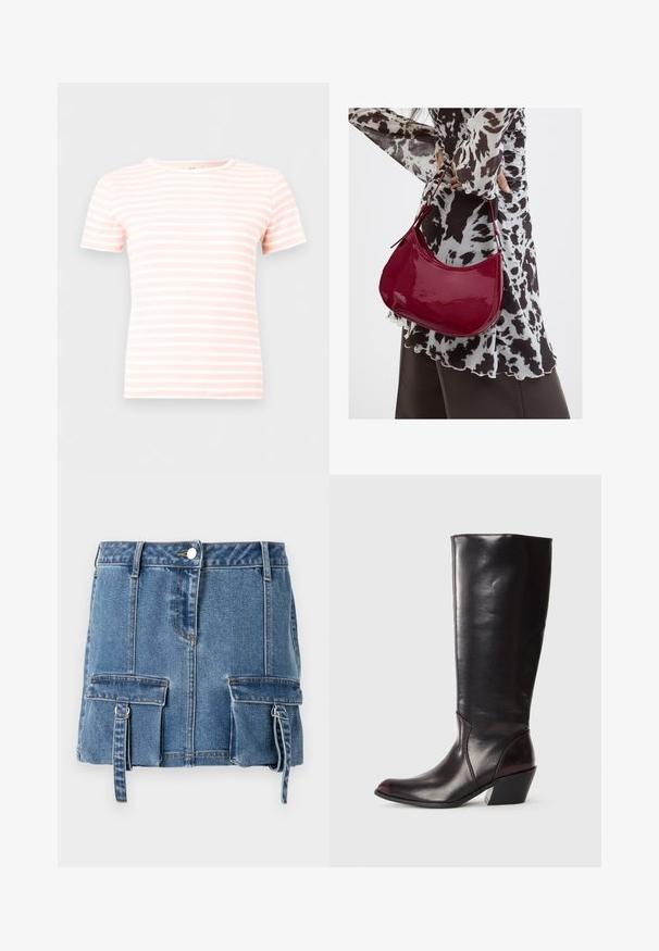 Korte mouw ribgebreid T-shirt met horizontale lichtroze en witte strepen en een ronde hals.; Lichtblauwe denim minirok met een hoge taille, voorste knoopsluiting en twee voorzakken met verstelbare bandjes.; Knielange, donkerbruine leren laars met een spitse neus, hoekige blokhak en een gladde, glanzende textuur. Heeft een strak ontwerp en stikdetails.; Vrouw met een zwart-wit gebloemde blouse houdt een glanzende rode schoudertas vast tegen een effen achtergrond.