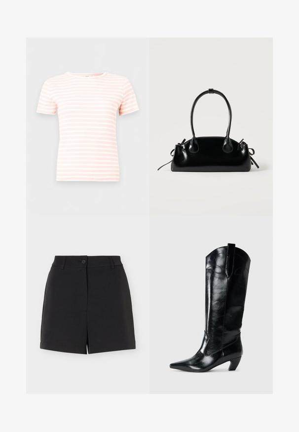 T-shirt en maille côtelée à manches courtes avec des rayures horizontales rose clair et blanches et un col rond.; Shorts noirs sur mesure avec passants de ceinture, fermeture à bouton et détail d'ouverture avant, affichés sur fond blanc.; Bottes en cuir noir montantes jusqu'au genou, avec une pointe effilée, un talon bas, et des détails de couture décoratifs sur les côtés. Fini lisse et brillant.; Petit sac à main noir brillant avec deux longues anses et des détails à cordon sur les côtés sur un fond clair uni.