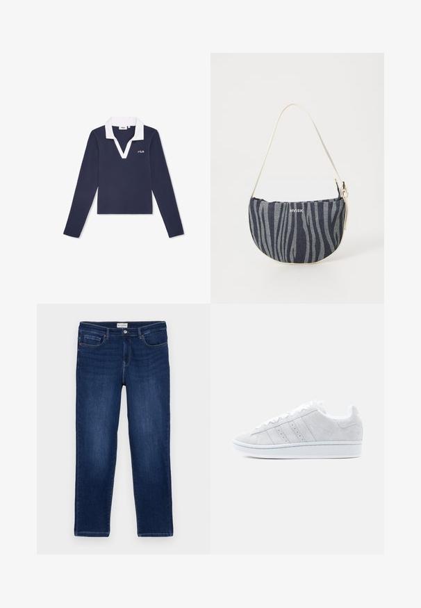 Marineblaues Langarm-Polohemd mit einem weißen Kragen und einem V-Ausschnitt. Verfügt über ein kleines Fila-Logo auf der Brust. Hergestellt aus einem glatten Stoff.; Dunkelblaue Denim-Jeans im geraden Schnitt, mit Fünf-Taschen-Design, sichtbaren Nähten und einem Metallknopfverschluss am Bund.; Grauer Wildledersneaker mit weißen Schnürsenkeln, drei weißen Streifen an der Seite, abgerundeter Spitze und weißer Gummisohle.; Denim-Handtasche mit geschwungener Form, die ein navy- und hellblaues Zebra-Streifenmuster aufweist, einen weißen Trageriemen hat und das Markenlogo prominent präsentiert.