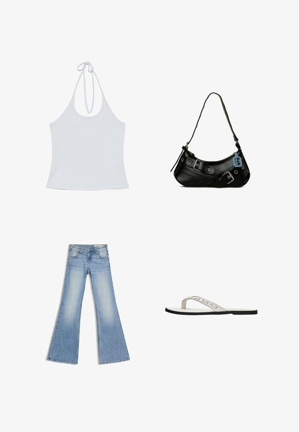 Top blanc sans manches à col halter avec fermeture par lien dans le dos, tissu lisse et design simple.; Jean en denim bleu clair à taille haute, poches avant et jambes larges évasées, posé à plat sur un fond blanc.; Sandale flip-flop plate blanche avec des fines brides présentant des détails découpés et une semelle noire.; Sac à main synthétique noir avec une forme courbée, une bandoulière réglable et des boucles décoratives en métal. Présente une texture lisse et brillante.