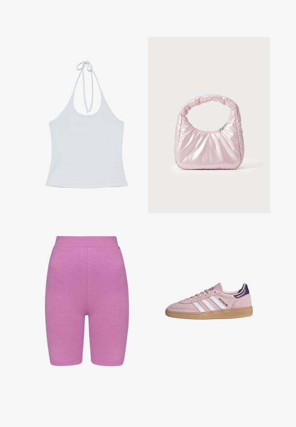 Top blanc sans manches à col halter avec fermeture par lien dans le dos, tissu lisse et design simple.; Shorts roses avec une taille élastique, coupe au genou et texture lisse. Pas de coutures visibles ni de poches.; Baskets Adidas en suède rose avec des bandes blanches, une semelle en gomme, un talon violet et un marquage "SPEZIAL" sur le côté.; Sac à main rose rembourré avec un design arrondi, fabriqué à partir d'un matériau brillant. Dispose d'une poignée froncée et d'une fermeture éclair pour un accès sécurisé.