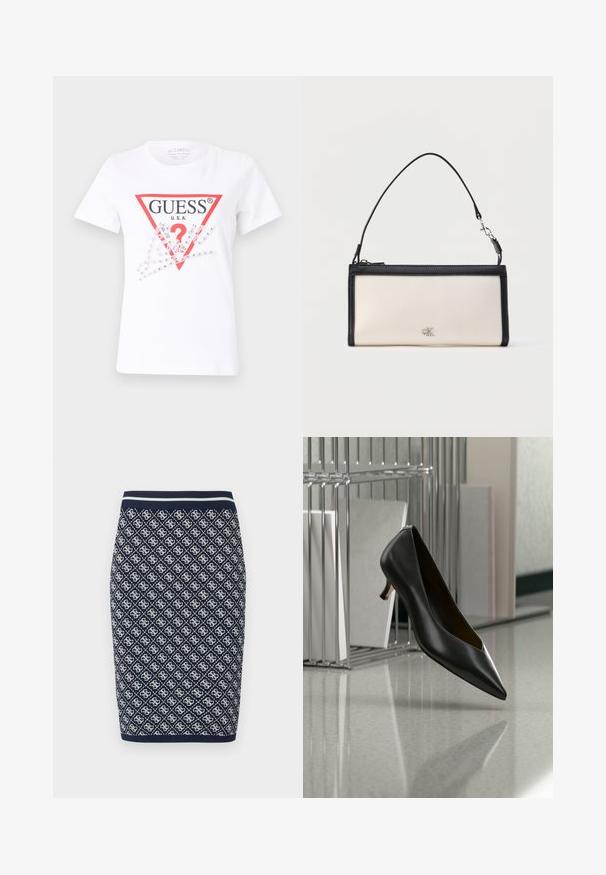 Camiseta de algodón blanca con un logotipo en triángulo rojo que dice "GUESS U.S.A." y un signo de interrogación, adornada con brillantes transparentes y elementos gráficos.; Falda lápiz de punto en azul marino y blanco con un patrón geométrico de diamantes. Cuenta con una cinturilla elástica a rayas y una textura suave.; Zapato de cuero negro con punta afilada y tacón kitten flotando sobre un suelo gris moteado, junto a un organizador metálico de archivos con carpetas.; Clutch rectangular crema con ribete y asa negros, con un pequeño logo "cK" plateado en el centro delantero.