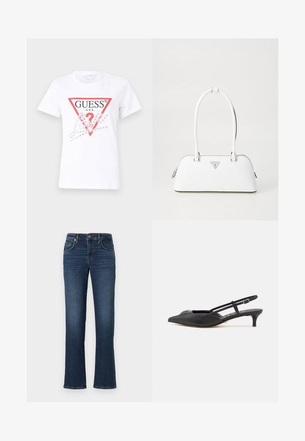 Witte katoenen T-shirt met een rood driehoeklogo met "GUESS U.S.A." en een vraagteken, versierd met heldere rhinestones en grafische elementen.; Donkerblauwe spijkerbroek met een rechte pijp, voorzien van voorzakken, een ritsluiting en subtiele vervaging langs de dijen.; Zwarte slingback schoenen met een puntige neus, gemaakt van glad materiaal, met een kleine hak en een decoratieve zilverkleurige accent op de wreef.; Witte leren handtas met een gebogen vorm, voorzien van een zilveren driehoekig logo en ritssluiting. Gladde textuur en dubbele handvaten.