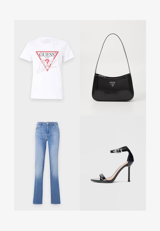 Camiseta de algodón blanca con un logotipo en triángulo rojo que dice "GUESS U.S.A." y un signo de interrogación, adornada con brillantes transparentes y elementos gráficos.; Jeans de denim azul claro con forma acampanada, diseño de cinco bolsillos y cierre frontal de botón. Desgastados en el dobladillo para un efecto degradado.; Sandalia de tacón alto en piel sintética negra con correa en el tobillo. Presenta un diseño minimalista, punta abierta y una hebilla con detalles de pedrería.; Bolso de hombro de charol negro con forma curva, que presenta un logotipo triangular plateado y un cierre de cremallera. Textura suave y correa delgada.