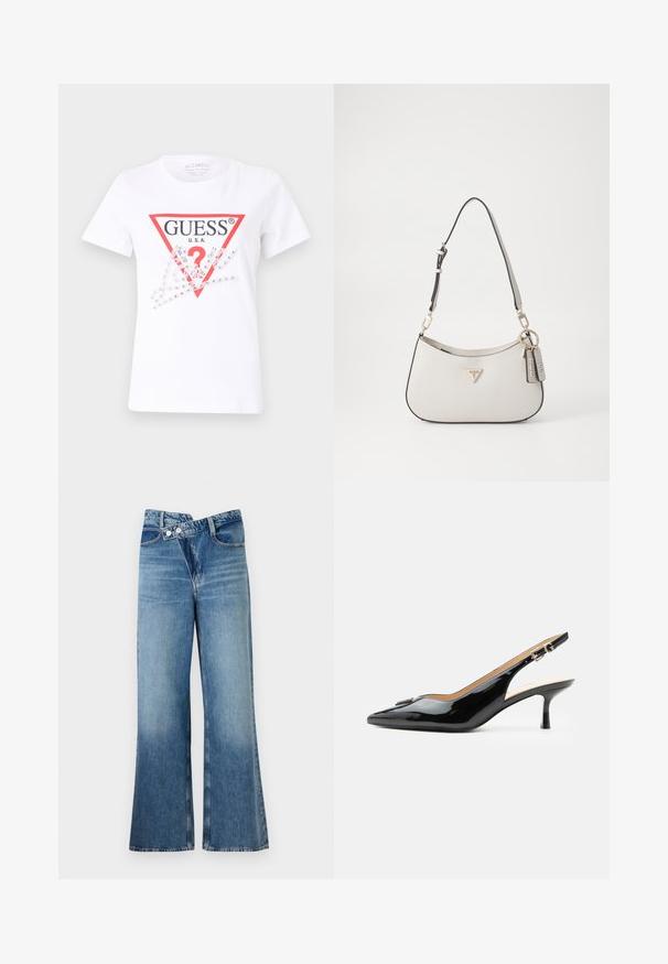 Weißes Baumwoll-T-Shirt mit einem roten Dreieck-Logo, auf dem "GUESS U.S.A." und ein Fragezeichen abgebildet sind. Verziert mit klaren Strasssteinen und grafischen Elementen.; Helle, blaue Jeans mit weit ausgestellt Bein und hoher Taille, ausgestattet mit zwei Knöpfen und vorderen Taschen. Der Stoff hat eine ausgewaschene Textur mit subtilen Variationen.; Schwarzer Pumps mit Riemchen aus Lackleder, spitz zulaufender Zehenpartie, kleinem Kitten-Heel und silberner Schnalle auf weißem Hintergrund.; Weiße strukturierte Handtasche mit einer geschwungenen Form, goldenen Beschlägen, einem abnehmbaren Riemen und einem Logo-Detail. Enthält einen Schlüsselanhänger mit Branding.