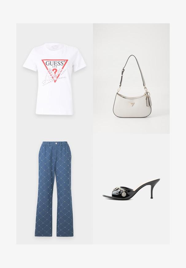 Weißes Baumwoll-T-Shirt mit einem roten Dreieck-Logo, auf dem "GUESS U.S.A." und ein Fragezeichen abgebildet sind. Verziert mit klaren Strasssteinen und grafischen Elementen.; Blaue gemusterte Hose mit einem rautenförmigen Steppdesign und kleinen dekorativen Perlen, einem elastischen Bund und einem Knopfverschluss.; Schwarzer Lackleder High-Heel Mule mit offenem Zehenbereich und dekorativen silbernen Anhängern, darunter eine Blume und ein Vorhängeschloss am vorderen Riemen.; Weiße strukturierte Handtasche mit einer geschwungenen Form, goldenen Beschlägen, einem abnehmbaren Riemen und einem Logo-Detail. Enthält einen Schlüsselanhänger mit Branding.