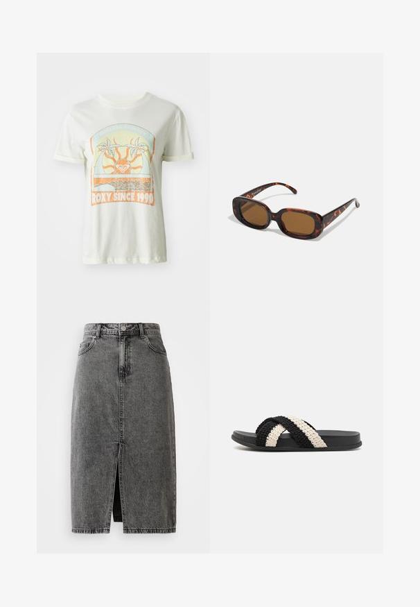 Krémové bavlnené tričko s retro grafikou zobrazujúcou palm trees, slnko a nápis "ROXY SINCE 1990" v oranžových a teal akcentoch. Krátke rukávy.; Vysoký pás, vyblednutá čierna denimová midi sukňa s predným rozparkom, pútkami na opasok a klasickým päťvreckovým dizajnom.; Čierne a smotanové tkané šľapky s plochou gumovou podrážkou, s dvoma prekrižovanými vrkočmi vyrobenými z mäkkého, štruktúrovaného materiálu.; Slnečné okuliare s korytnačkovým vzorom, obdlžnikový tvar, hnedé sklá, hladký plastový rám a tenké ramienka s jemnými tónovými vzormi.