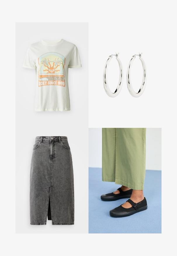 Cremefarvet bomulds t-shirt med et retro grafisk design med palmer, sol og "ROXY SINCE 1990" i orange og teal accenter. Korte ærmer.; Højtaljet, falmet sort denim midi-nederdel med en frontslids, bæltesløjfer og klassisk fem-lomme design.; Sorte kanvas sko med rund tå, gummisål og en spænde rem. Parret med løse, lysegrønne bukser.; Sølvøreringe i form af hoops med en glat, blank finish. Cirkulær form, der har en sikker lås. Simpelt og elegant design.