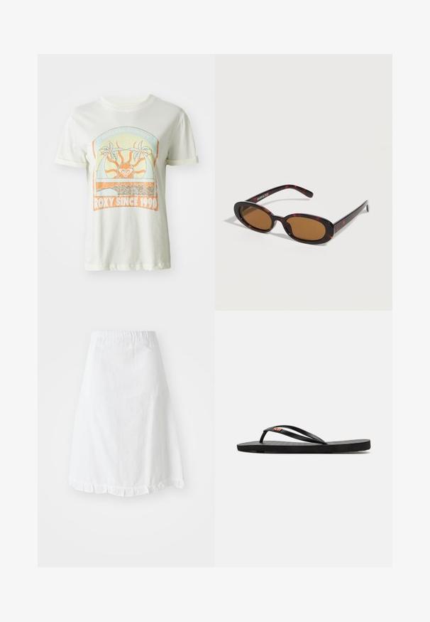 Camiseta de algodón color crema con un gráfico retro de palmeras, sol y "ROXY SINCE 1990" en acentos naranja y verde azulado. Mangas cortas.; Falda blanca con cintura elástica, que presenta un patrón texturizado y un dobladillo con volantes en la parte inferior. Diseño simple en forma de A.; Chanclas negras con suela plana, que presentan correas delgadas y una plantilla texturizada. Pequeño logo en la correa. Diseño simple y minimalista.; Gafas de sol ovaladas con montura carey, lentes tintadas en marrón y varillas delgadas apoyadas sobre una superficie blanca.