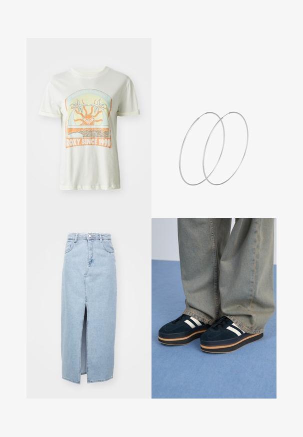 Kreemikas värvi puuvillane T-särk, millel on retro graafika, kus on palmipuud, päike ja "ROXY SINCE 1990" oranžide ja teal värvide aktsentidega. Lühikesed varrukad.; Heledad sinine teksaseelik, millel on ees lõhk, vöörihmade aukud ja klassikaline viie tasku disain. Sile tekstuur ja puhas viimistlus.; Tumedast sinisest sametist platvormi tossud valgete triipudega ja mustade paeltega. Omavad paksu pruuni kummist tallat. Kanda helesiniste teksapükstega.; Hõbedased rõngastikkaehingad minimalistlikus disainis. Ümar kuju, sile tekstuur ja õhuke profiil. Kerged ning poleeritud viimistlusega.