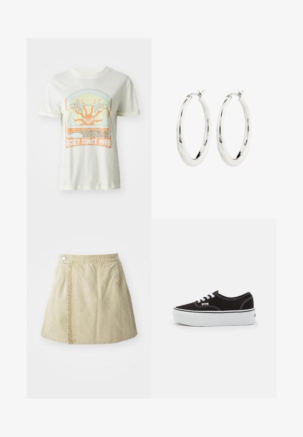 Cremefarbene Baumwoll-T-Shirt mit einem retro Grafikdesign mit Palmen, Sonne und "ROXY SINCE 1990" in orangefarbenen und teal Akzenten. Kurze Ärmel.; Khakifarbener Minirock aus weichem Stoff, mit seitlichem Knopfverschluss, glatter Textur und leicht ausgestellter Silhouette mit einem Saum oberhalb des Knies.; Schwarze Leinensneaker mit einer weißen Gummiplattformsohle, weißen Schnürsenkeln und Nähten, ikonischer Markenaufdruck an der Seite, im Low-Top-Design.; Silberne Creolen mit einer glatten, glänzenden Oberfläche. Kreisform, ausgestattet mit einem sicheren Verschluss. Einfaches und elegantes Design.