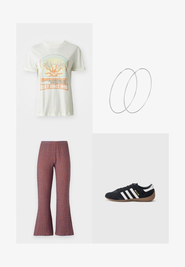 Krémové bavlnené tričko s retro grafikou zobrazujúcou palm trees, slnko a nápis "ROXY SINCE 1990" v oranžových a teal akcentoch. Krátke rukávy.; Pásikavé rozšírené nohavice s vlnkovým vzorom v oranžovej a modrej farbe, vyrobené z textúrovanej látky s elastickým pásom pre pohodlie.; Čierna semišová teniska s tromi bielymi pruhmi, gumovou podrážkou a malým zlatým logom na boku. Má hladkú čiernu vnútornú podšívku.; Strieborné kruhové náušnice s minimalistickým dizajnom. Cirkulárny tvar, hladký povrch a tenký profil. Ľahké s lesklým povrchom.